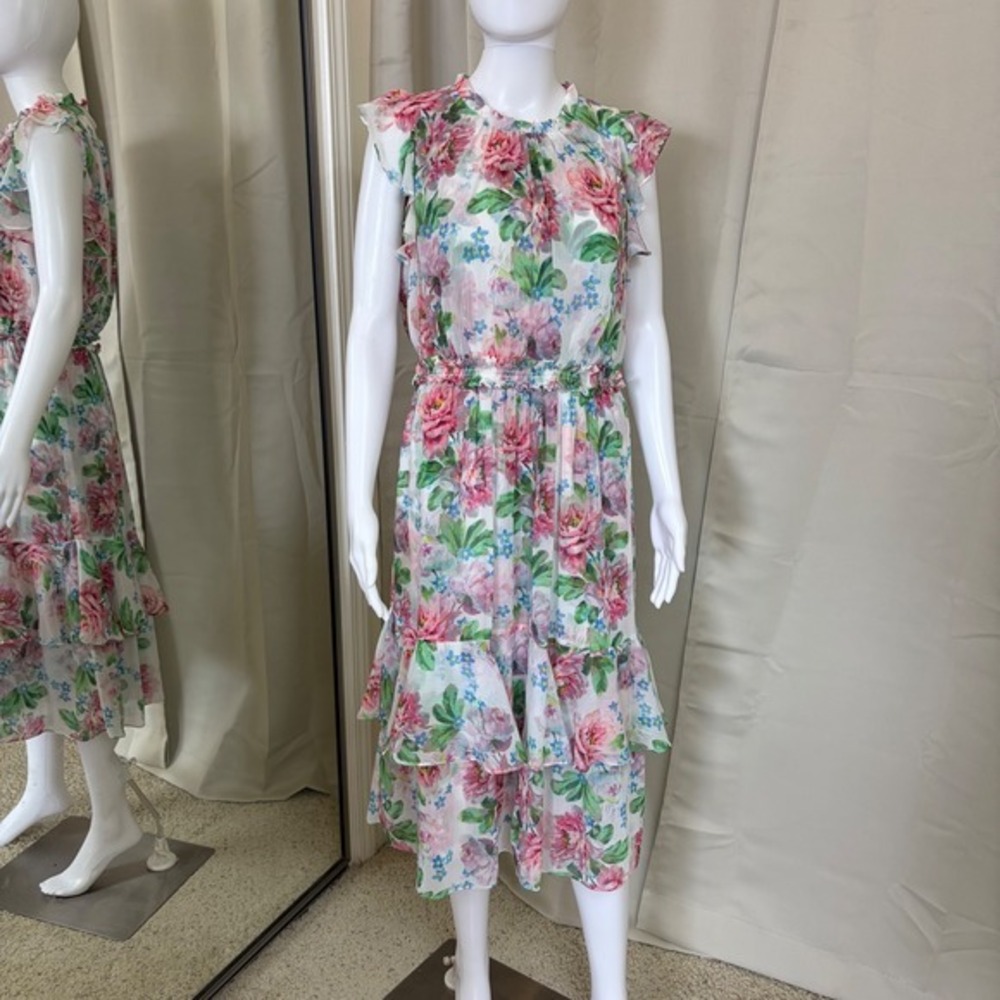 Needle & Thread Floral Chiffon Ruffle Midi Dress Pink Blue White US 10 UK 14